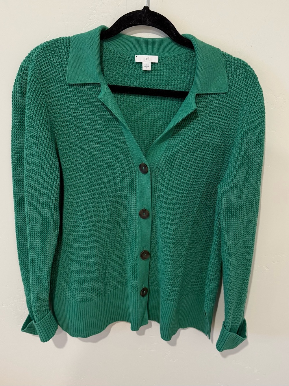 J. Jill Kelly Green Textured Button-Up Knit Sweater Womens Medium Classic Cozy